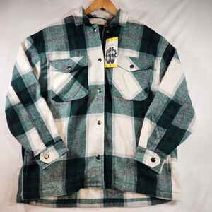 HFX Womens Flannel Shirt Jacket Size Small Green White Plaid Snap Up Pockets